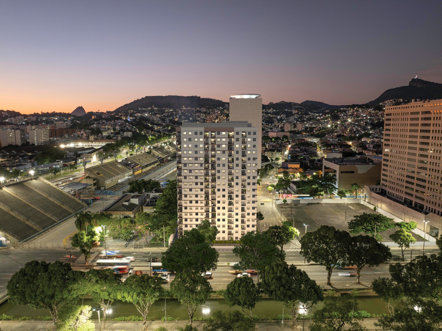 Vista noturna do empreendimento